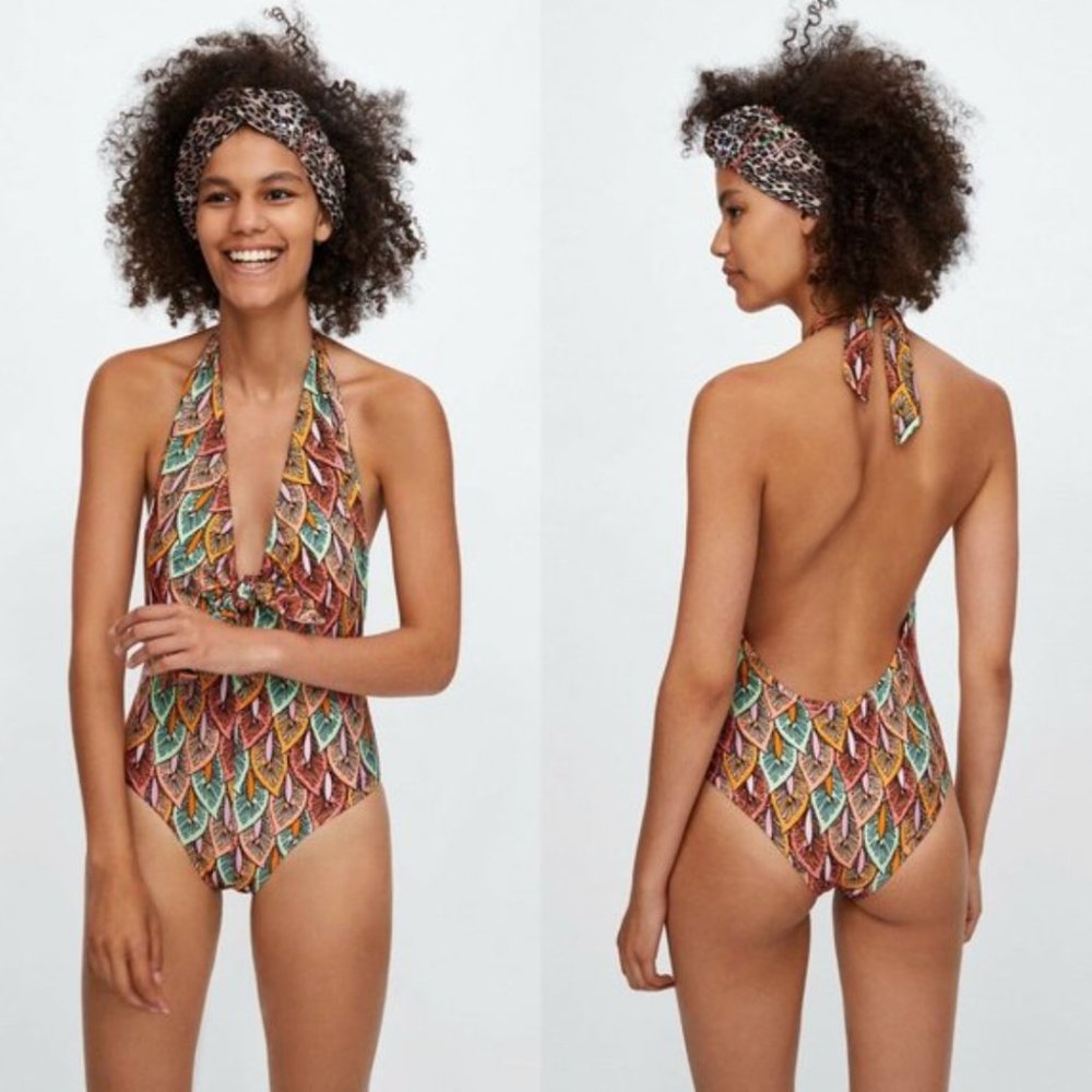 Zara Printed Halter One Piece Swimsuit S